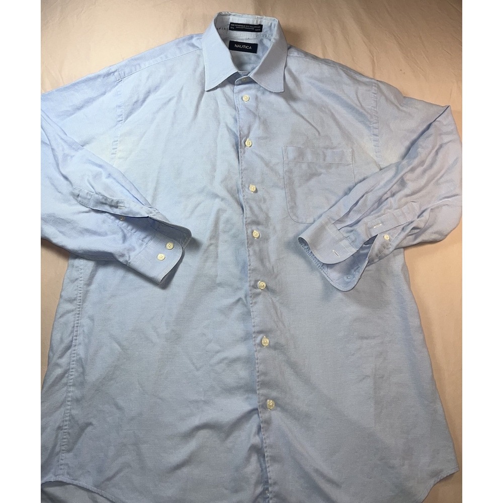 Nautica Mens Dress Shirt 15 1/2 32 33 Blue Long Sleeve 100% Cotton Button Front